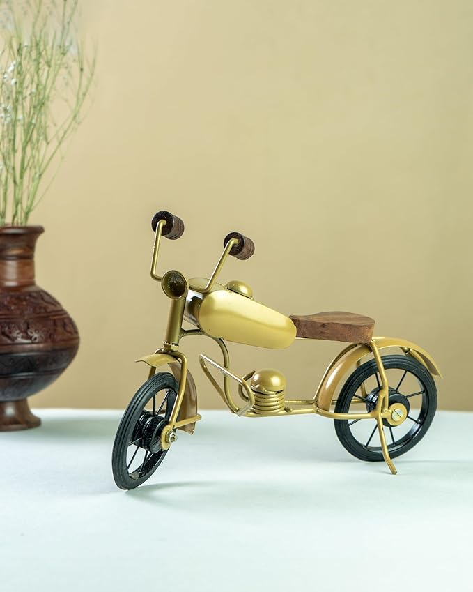 Handcrafted Wooden Bullet Bike Showpiece | Golden Antique Decor