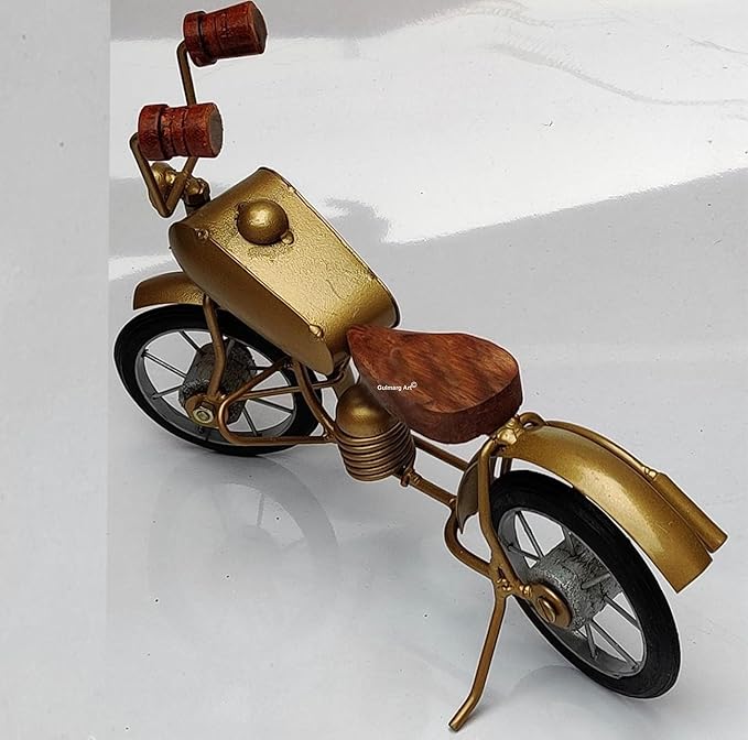 Handcrafted Wooden Bullet Bike Showpiece | Golden Antique Decor