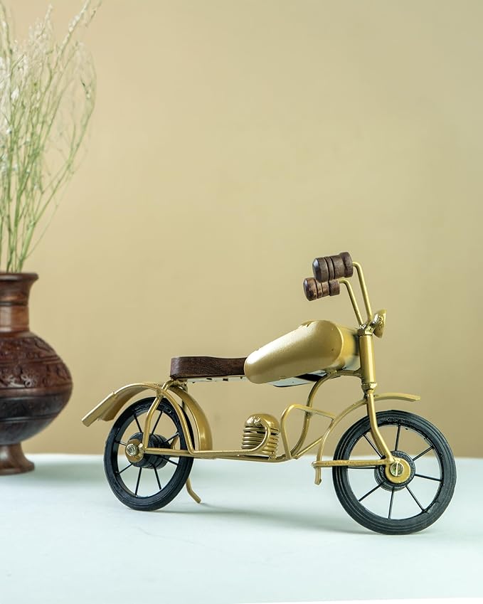 Handcrafted Wooden Bullet Bike Showpiece | Golden Antique Decor